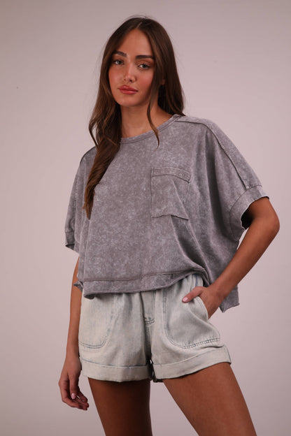 NT11429-Mineral Washed Oversized Crop Comfy Knit Top