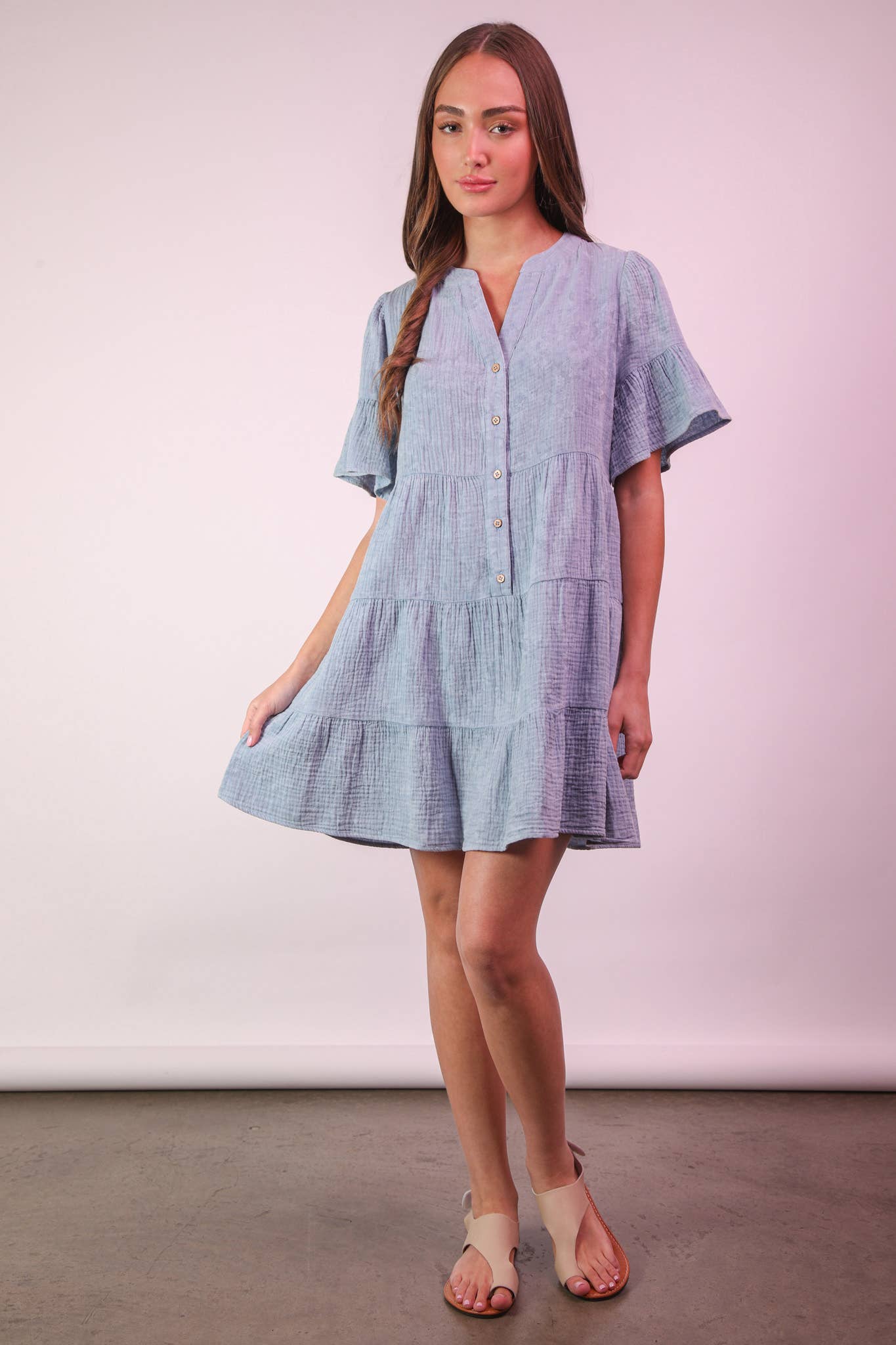 ND31579-Mineral Washed Baby Bell Sleeve Woven Mini Dress
