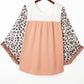Khaki Printed Plus Ruffle Leopard Sleeve Waffled Color Block Top