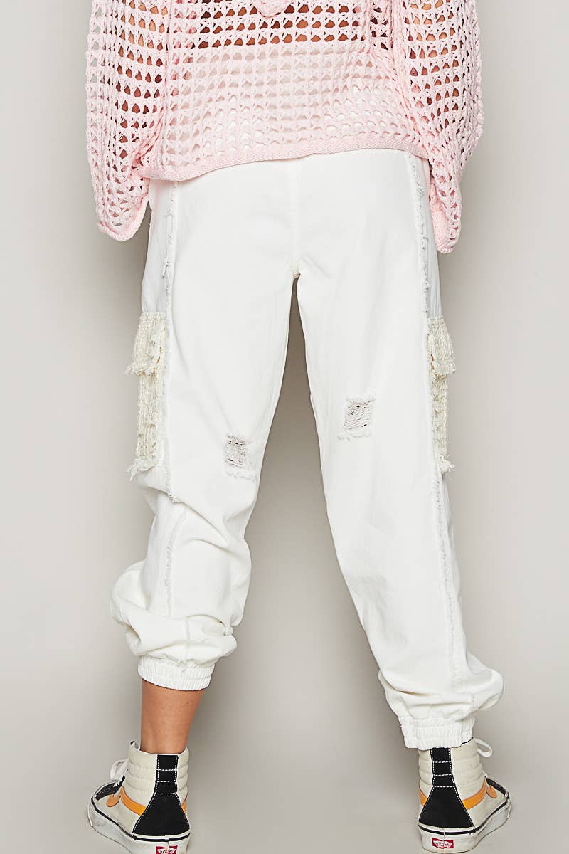 Tie waistband contrast crochet cargo pockets denim joggers