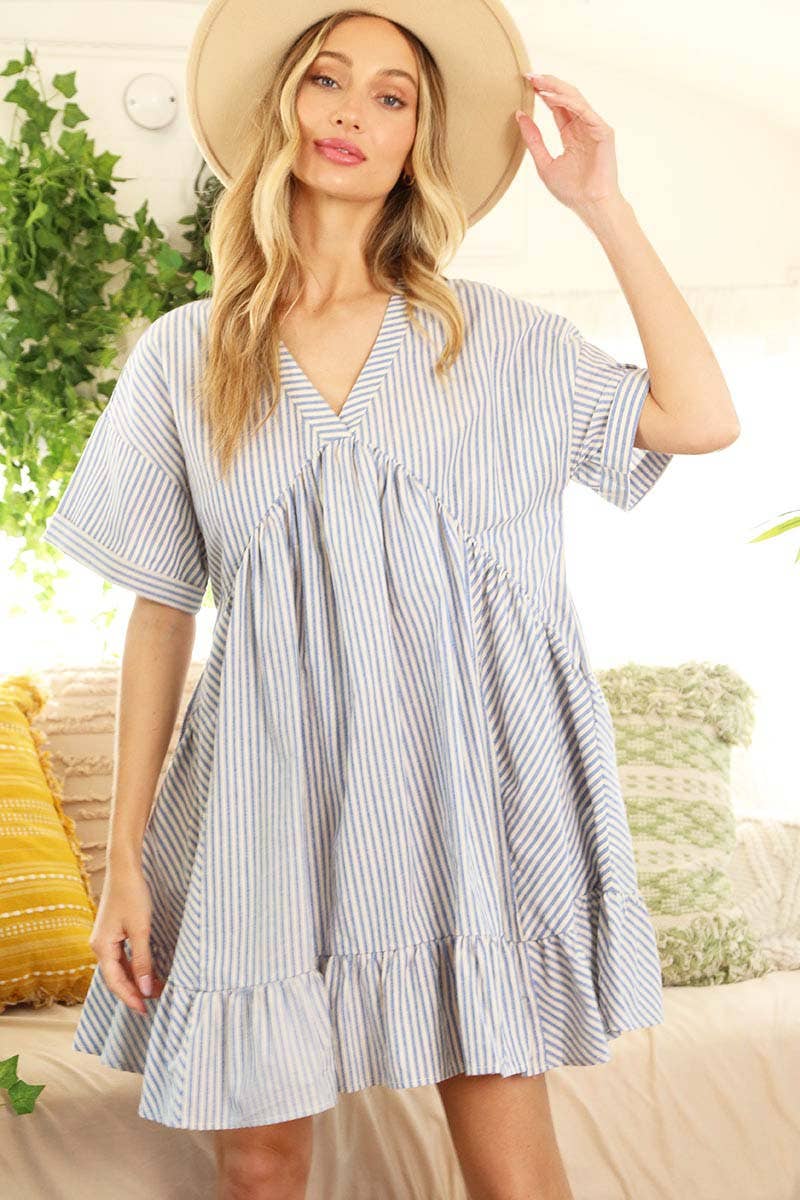 V-Neck Striped 100% Cotton Tiered Woven Dress VD81038