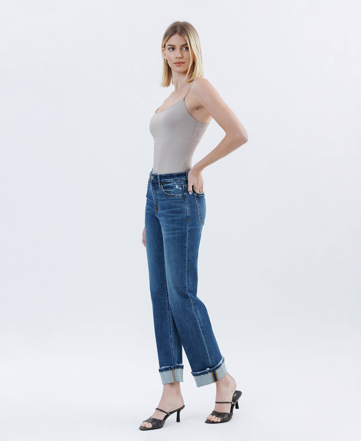 HIGH RISE DARK WASH CUFFED STRAIGHT JEANS