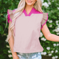 Mist Blue Colorblock Ruffled Sleeve Frill V Neck Blouse