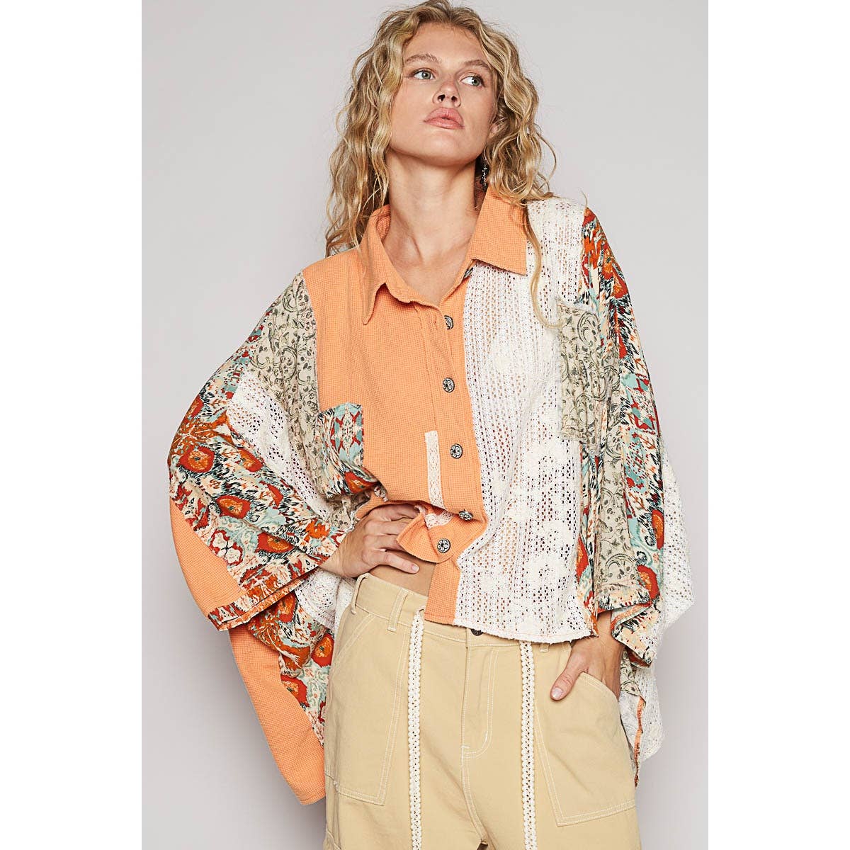 Oversize long sleeve crochet lace contrast top SALE