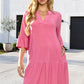 Wrinkle Free Shirred Tiered Relaxed 3/4 Sleeve Dress
