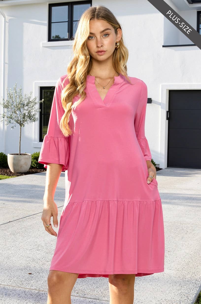 Wrinkle Free Shirred Tiered Relaxed 3/4 Sleeve Dress