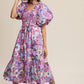 Vintage Flower Print Puff-Sleeve Midi Dress