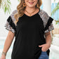Black Leopard Ruffle Patchwork Sleeve Plus Size Summer Top