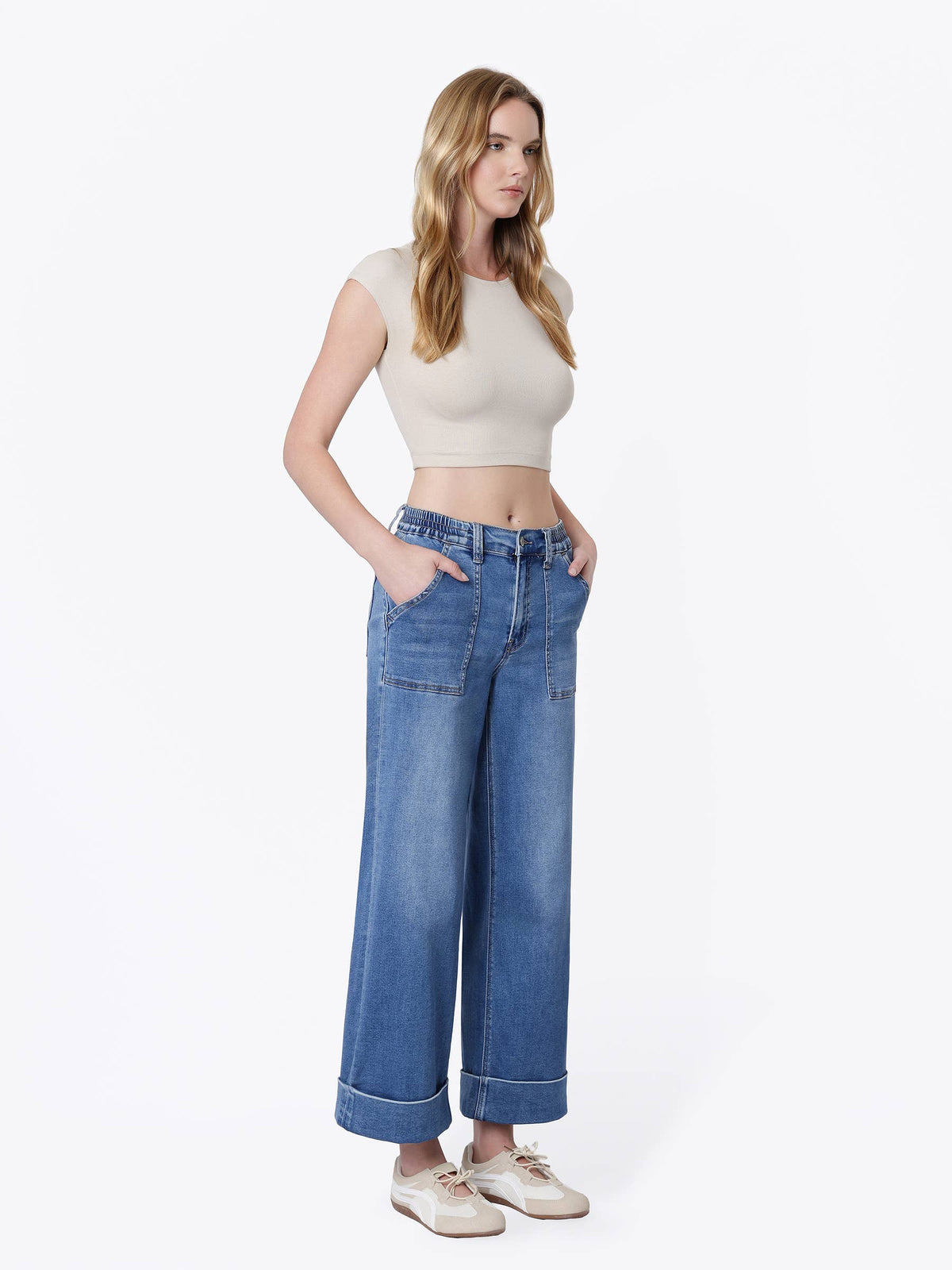 HIGH RISE DOUBLE CUFFED BAGGY WIDE JEANS