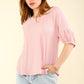 NT11467-Half Puff Sleeve Crinkle Knit Top