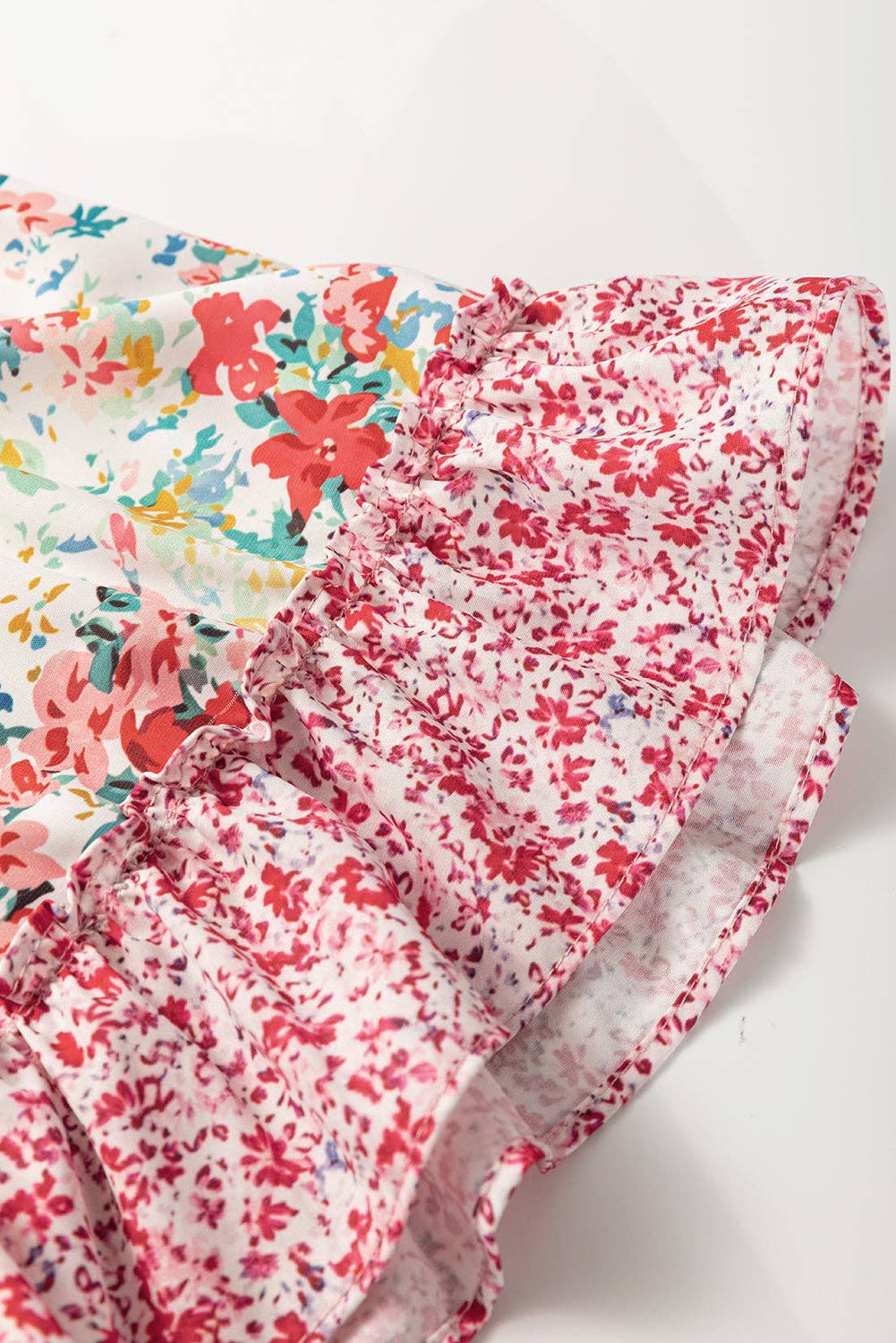Plus Size Pink Floral Patchwork Ruffled Short Sleeve Blouse
