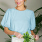 Round Neck Short Bubble Sleeve Woven Blouse Top VT81715B