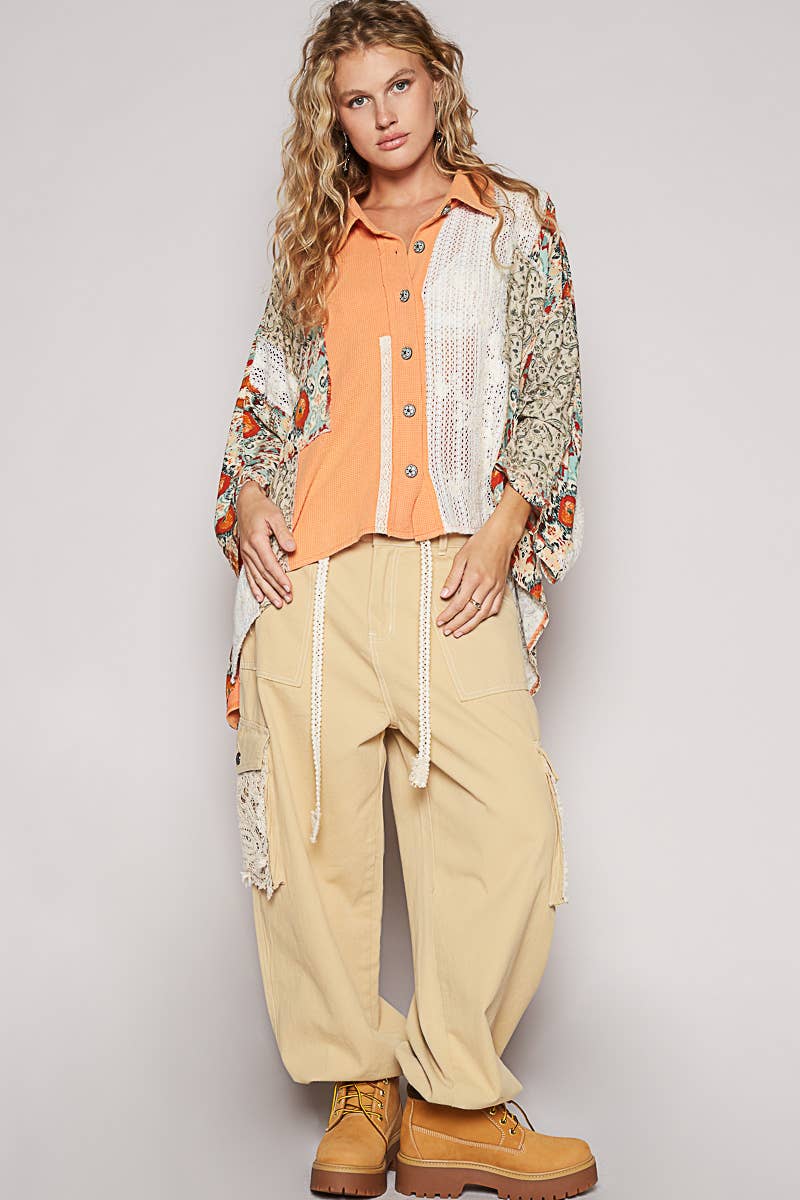 Oversize long sleeve crochet lace contrast top SALE