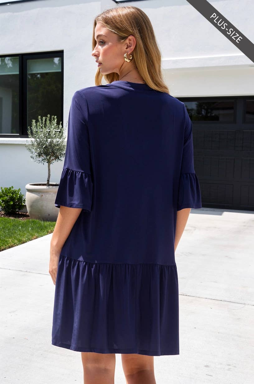 Wrinkle Free Shirred Tiered Relaxed 3/4 Sleeve Dress