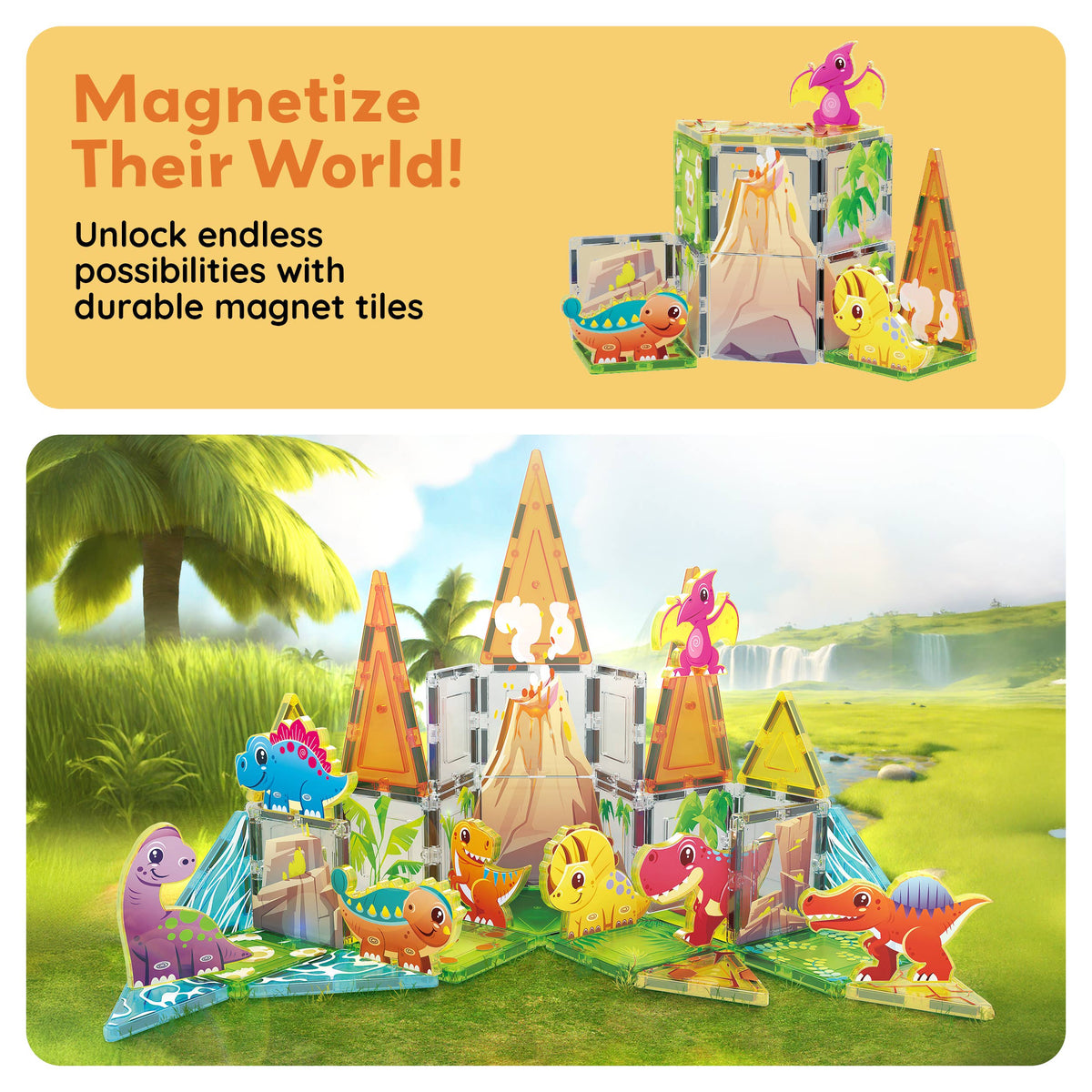 PicassoTiles 38pc Dinosaur Theme Magnetic Tile Building Set