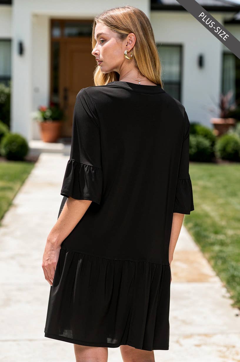 Wrinkle Free Shirred Tiered Relaxed 3/4 Sleeve Dress