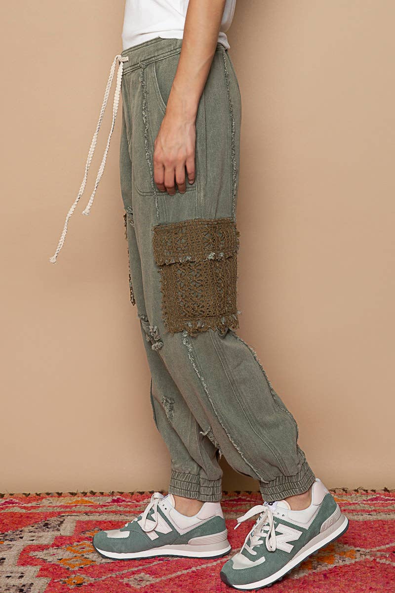 Tie waistband contrast crochet cargo pockets denim joggers