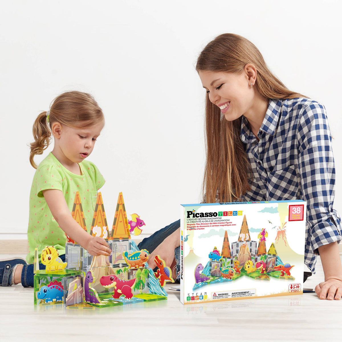 PicassoTiles 38pc Dinosaur Theme Magnetic Tile Building Set