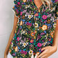 Women's Lace Trim Flutter Sleeve Tropical Floral Blouse
