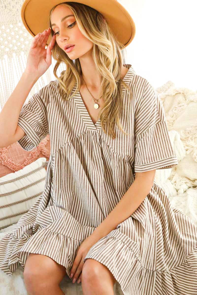 V-Neck Striped 100% Cotton Tiered Woven Dress VD81038