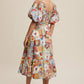 Vintage Flower Print Puff-Sleeve Midi Dress