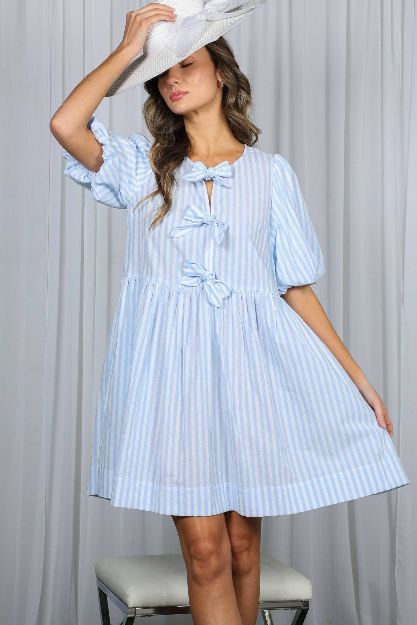 Bow Tie Front Striped Baby Doll Mini Dress VD82683