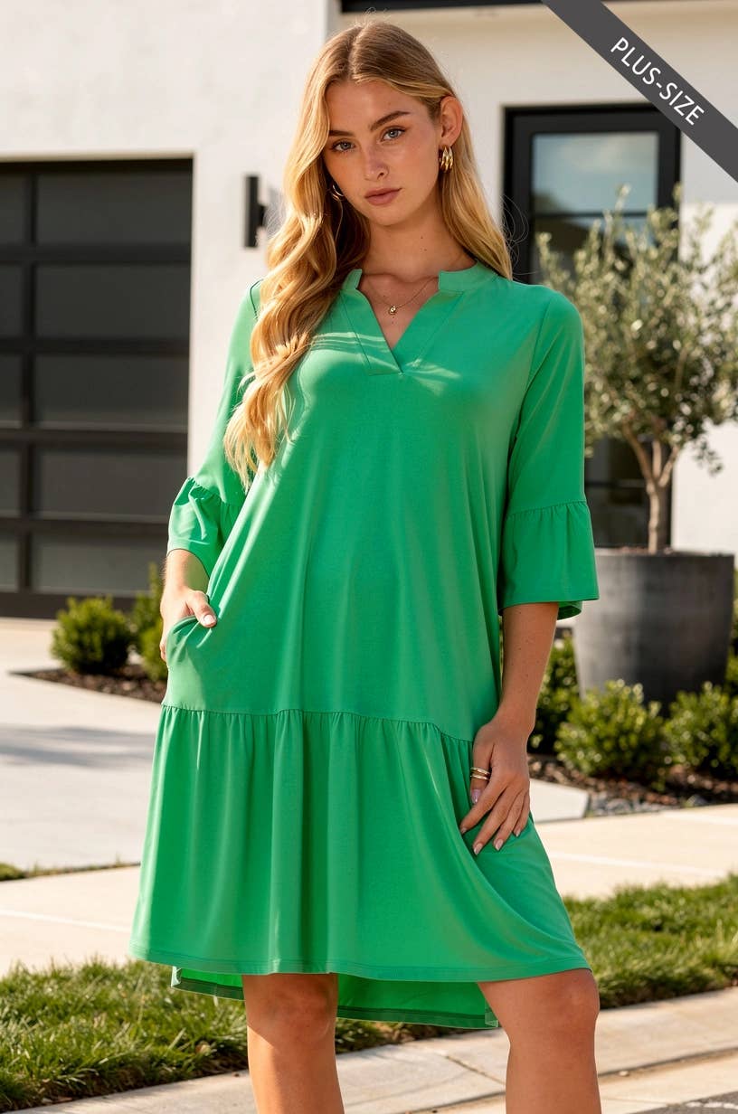 Wrinkle Free Shirred Tiered Relaxed 3/4 Sleeve Dress
