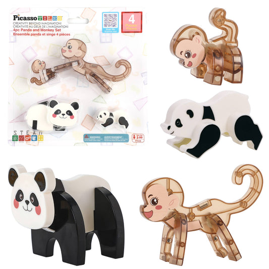 PicassoTiles 4pc Panda & Monkey Magnetic Tile Characters