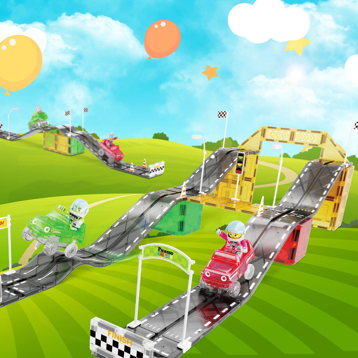 PicassoTiles Race Car Track Slider Racing Building Set