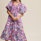 Vintage Flower Print Puff-Sleeve Midi Dress