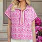 Abstract Zip Neck Contrast Short Sleeve Casual Blouse