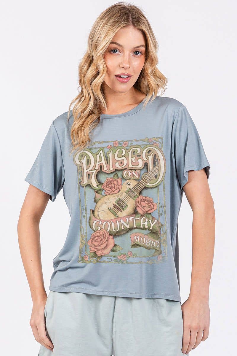 Raised On Country Music Graphic Rayon Top