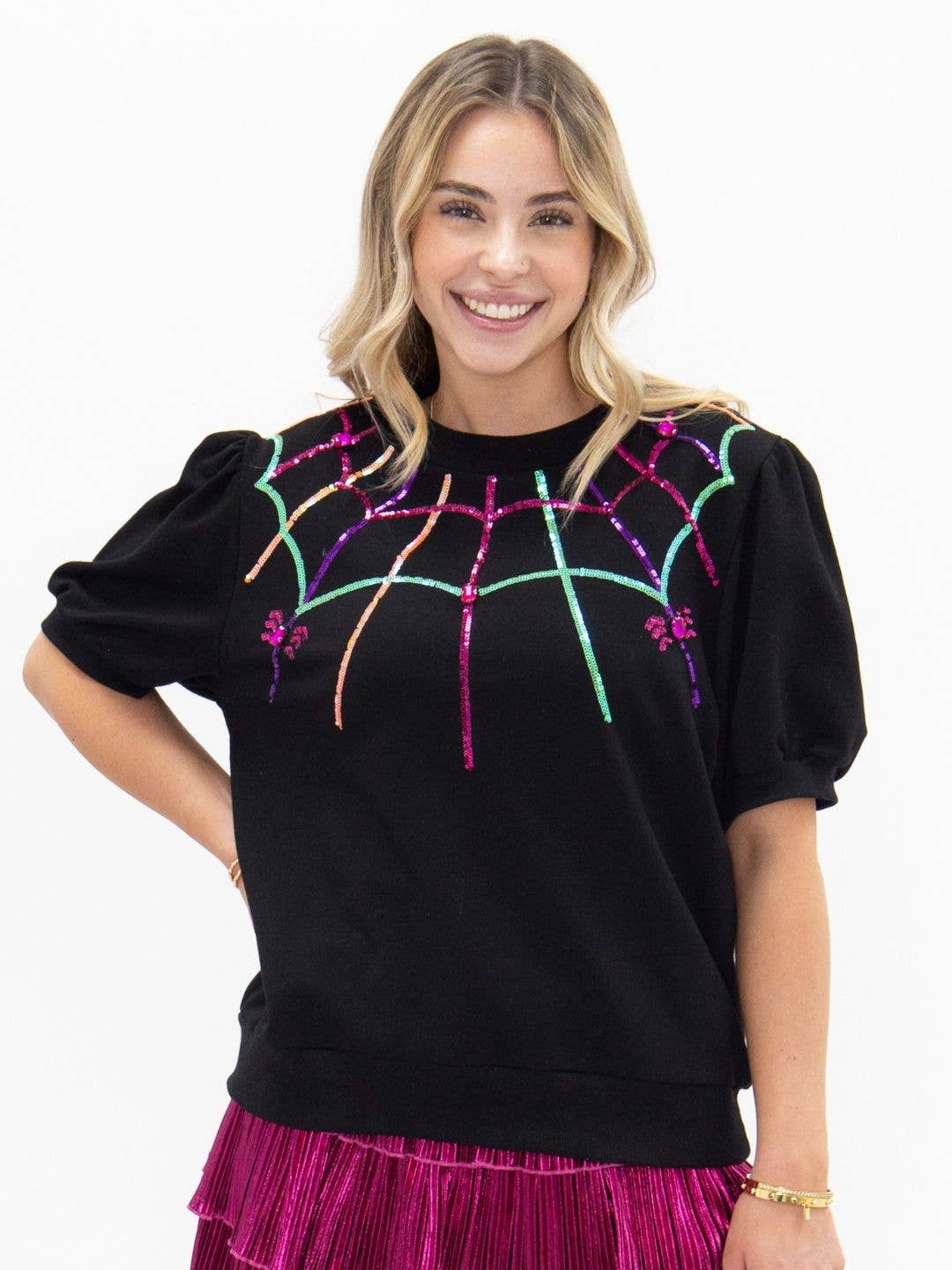 Spider Web on Puff Sleeve Tee, Black