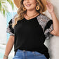 Black Leopard Ruffle Patchwork Sleeve Plus Size Summer Top