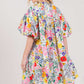 HALF BUTTON BUBBLE SLEEVE FLORAL MIDI DRESS