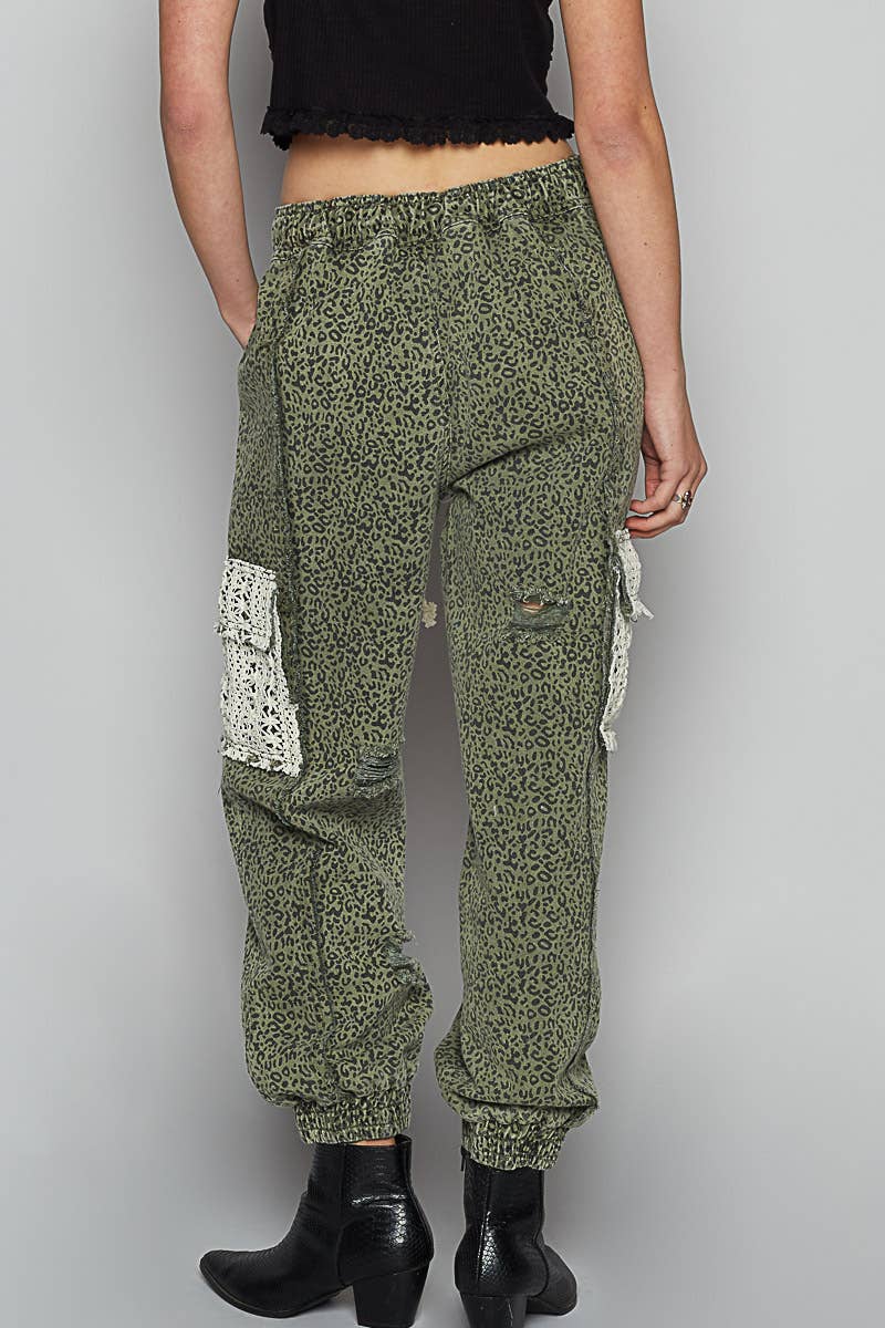 Tie waistband contrast crochet cargo pockets denim joggers