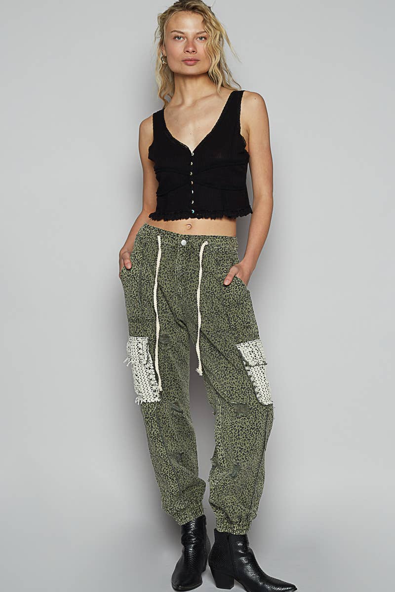 Tie waistband contrast crochet cargo pockets denim joggers