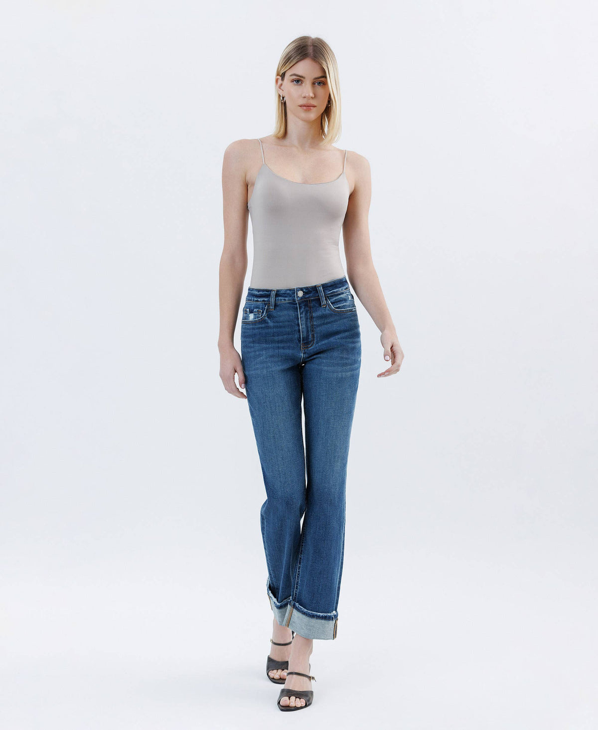 HIGH RISE DARK WASH CUFFED STRAIGHT JEANS