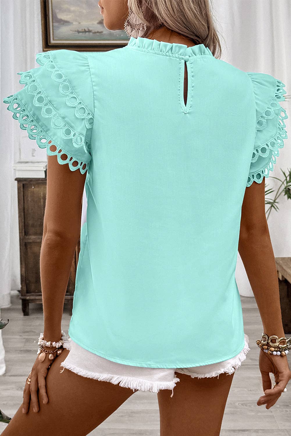 Layered Ric Rac Cap Sleeve Frilled Neck Blouse