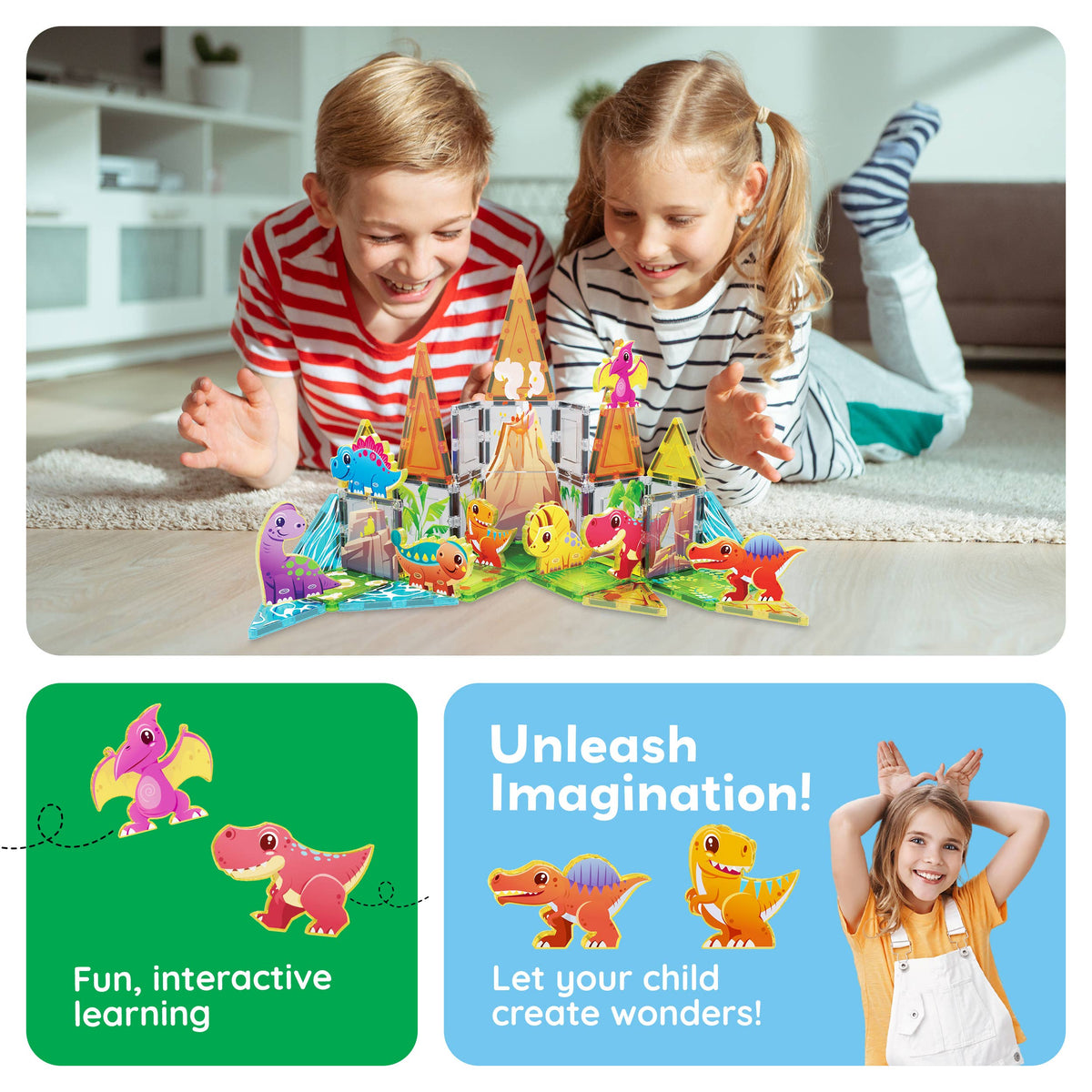 PicassoTiles 38pc Dinosaur Theme Magnetic Tile Building Set