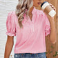 Pink Stripe Notched Neck Frilled Short Puff Sleeve Blouse
