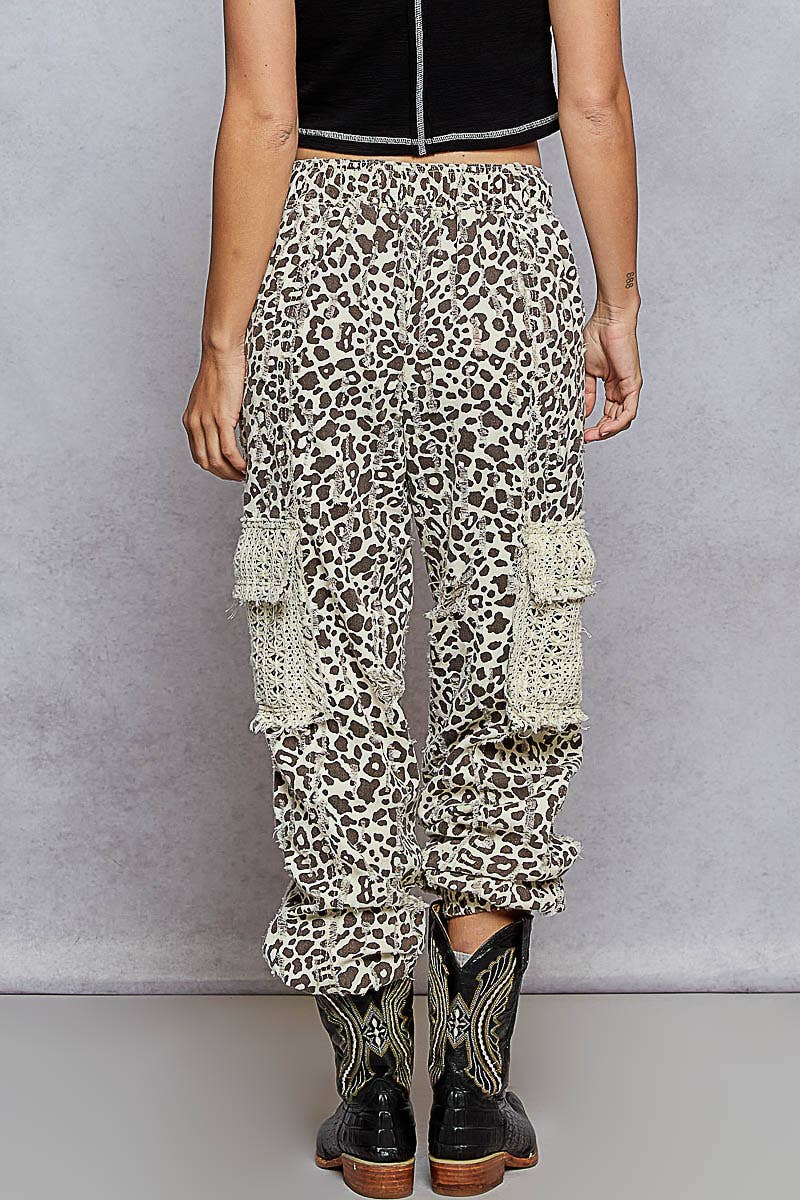 Tie waistband contrast crochet cargo pockets denim joggers