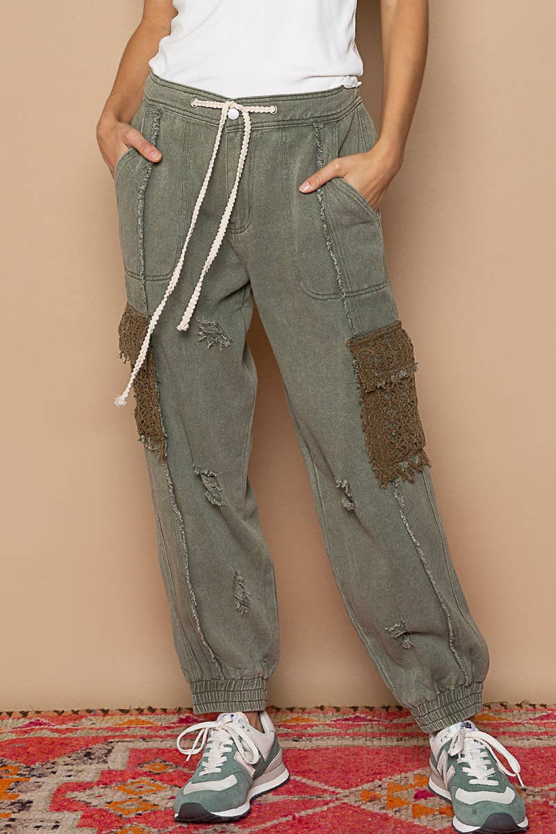 Tie waistband contrast crochet cargo pockets denim joggers