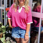 Contrast Trim Collared Split Neck Short Sleeve Plus Size Top