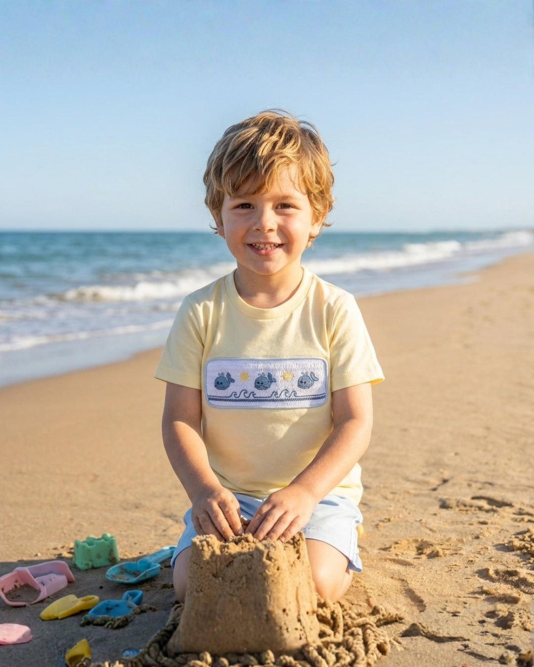 Buttercream Yellow Whale Smocked Shirt and Shorts Set