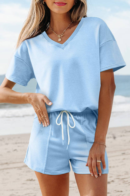 Comfy V Neck Tee & Pockets Shorts Set | S-XL