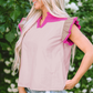 Mist Blue Colorblock Ruffled Sleeve Frill V Neck Blouse