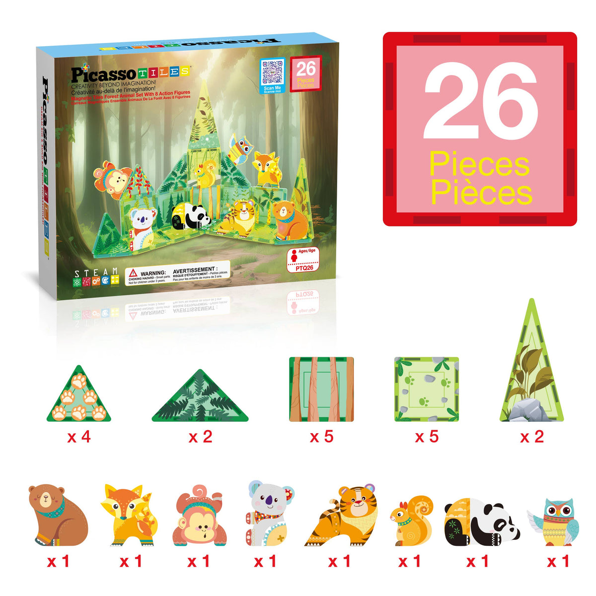 PicassoTiles 26 Piece Forest Animal Magnet Tile Set