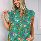Women's Lace Trim Flutter Sleeve Tropical Floral Blouse