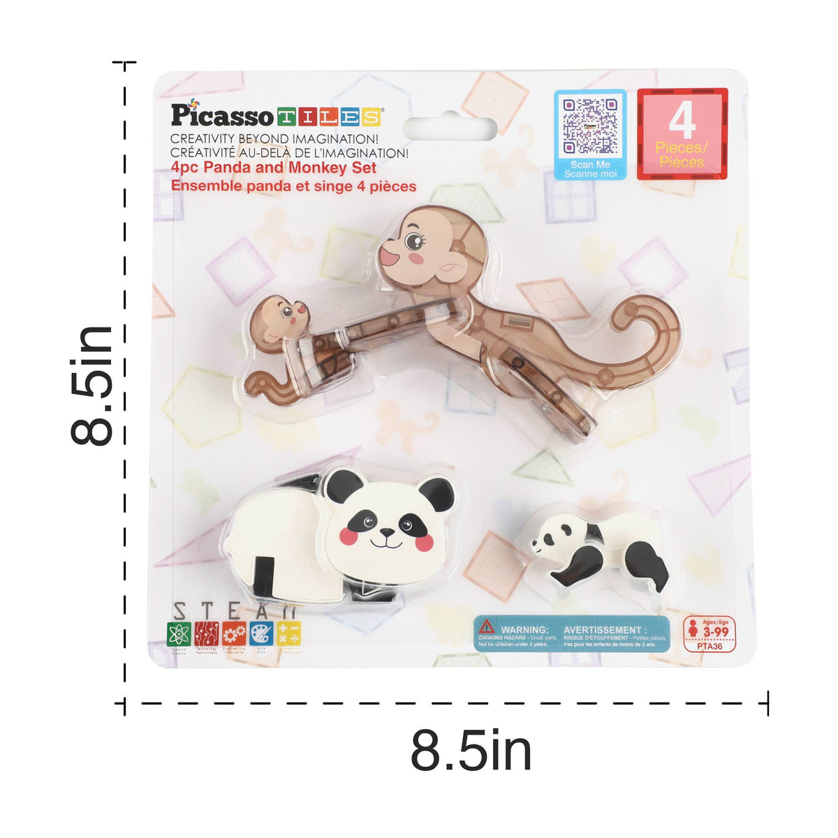 PicassoTiles 4pc Panda & Monkey Magnetic Tile Characters